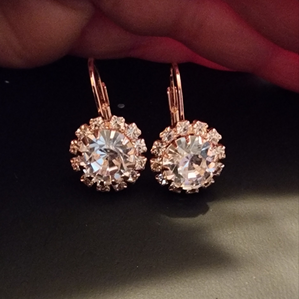 Rose Gold Halo CZ  Level back earrings  rhodium plating
